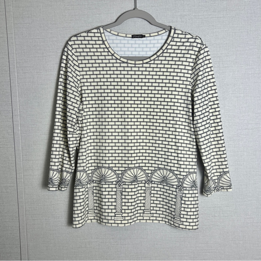 J McLaughlin Women's Catalina Coth Grecian Brick‎ Print Top Large Ivory Black